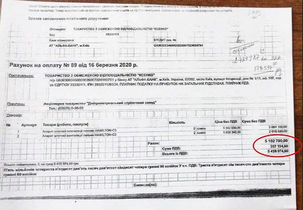 Проплатили 5,5 млн грн за апарати ШВЛ